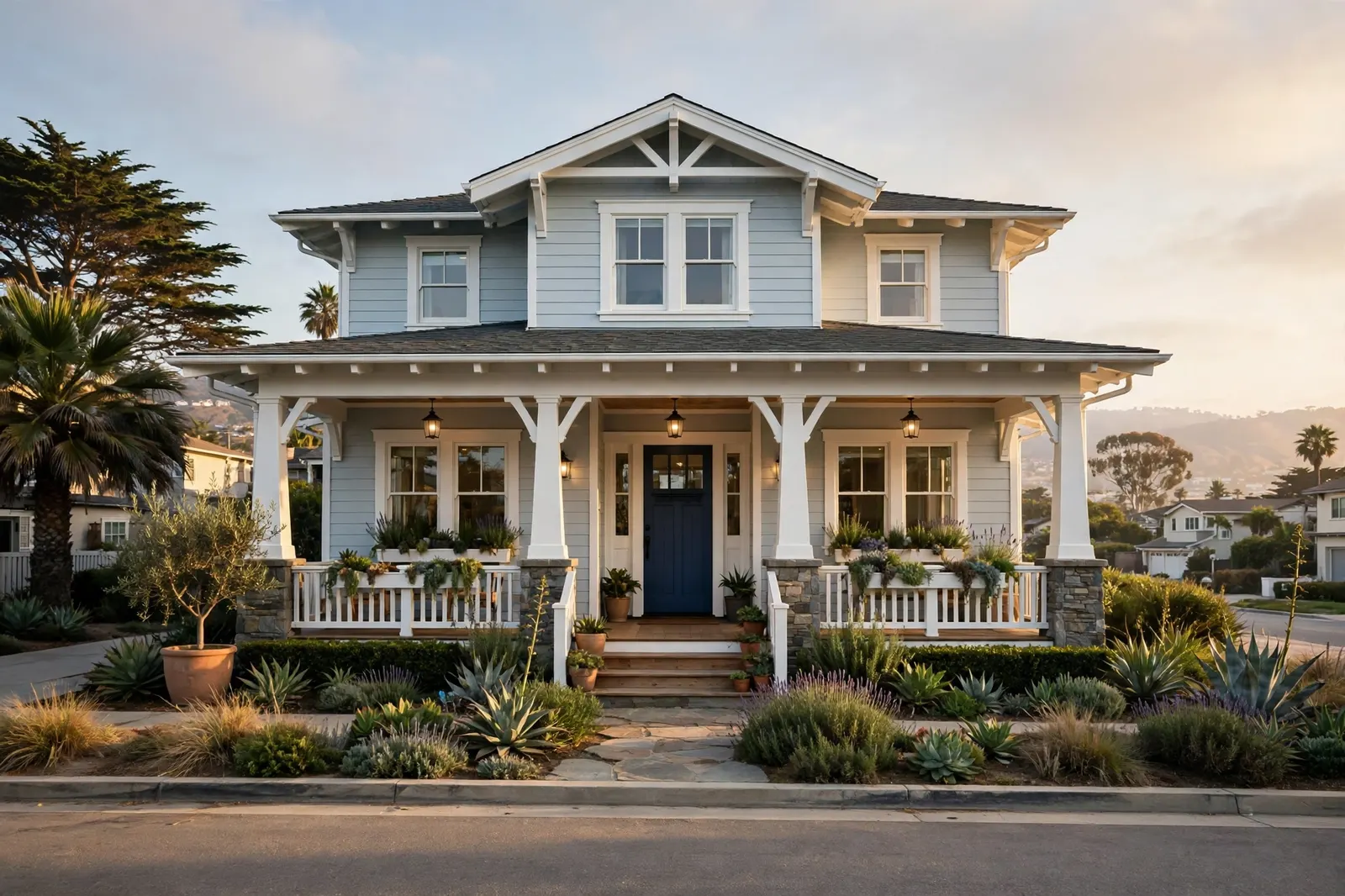 Freshly painted craftsman house exterior in Long Beach light