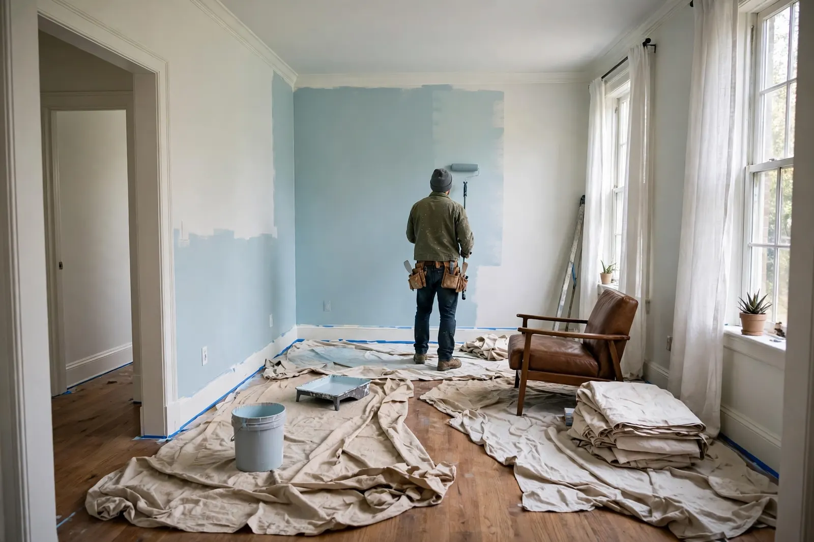 Painter rolling a fresh coat on an interior wall